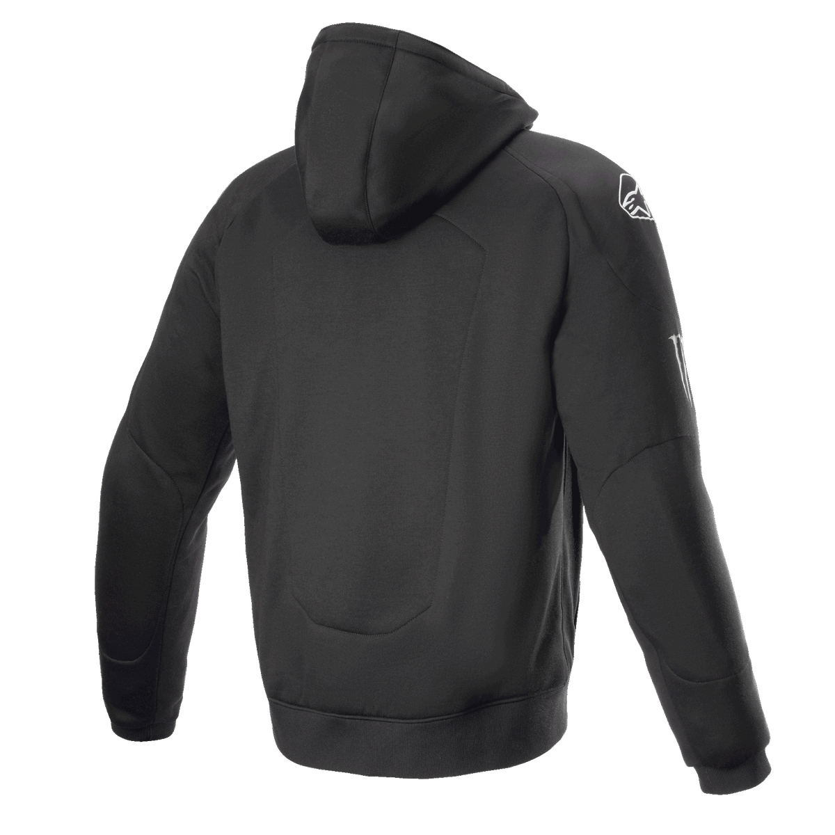 Alpinestars FQ20 Chrome Ignition Monster Hoodie, svart motorcykelhoodie, baksida, vit Alpinestars-logotyp på axeln, Monster Energy-logotyp på ärmen, avslappnad urban design med skyddande textilkonstruktion