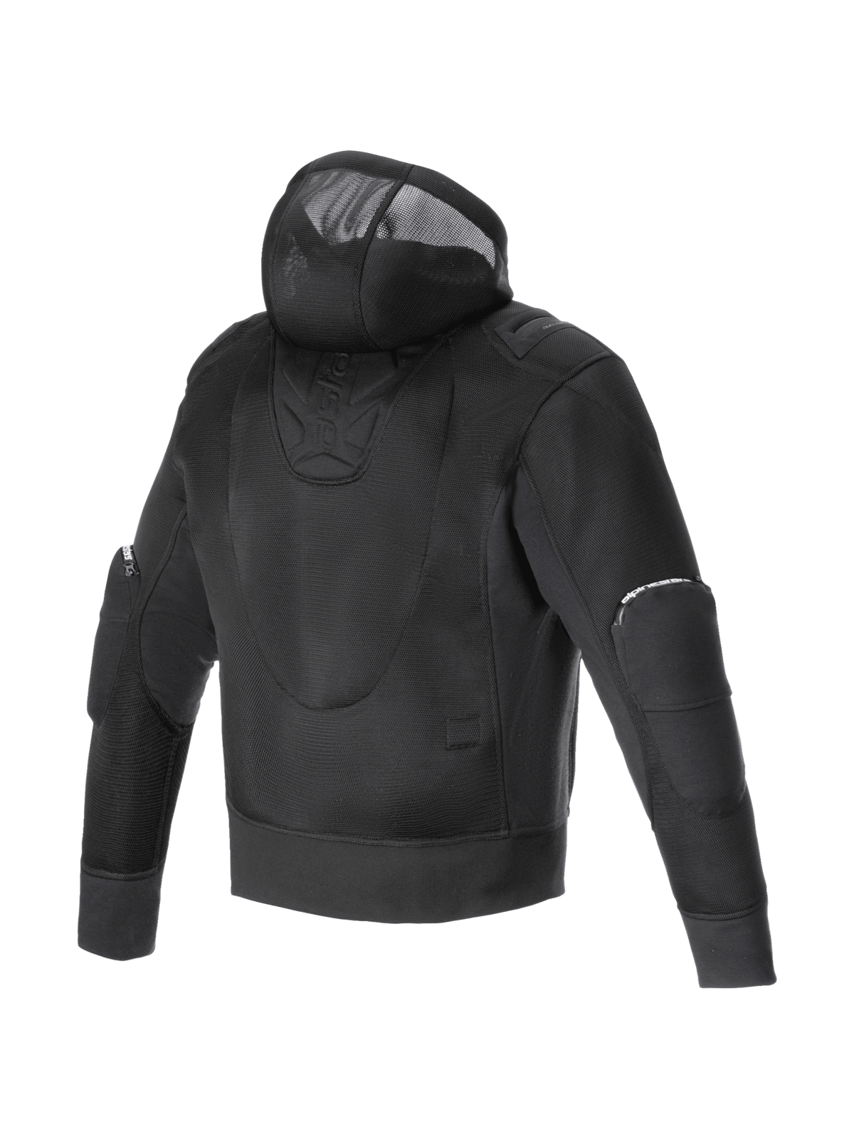 Alpinestars Moflow Air Tech jacka med huva, svart urban motorcykeljacka för herrar i ventilerad mesh, vy bakifrån.