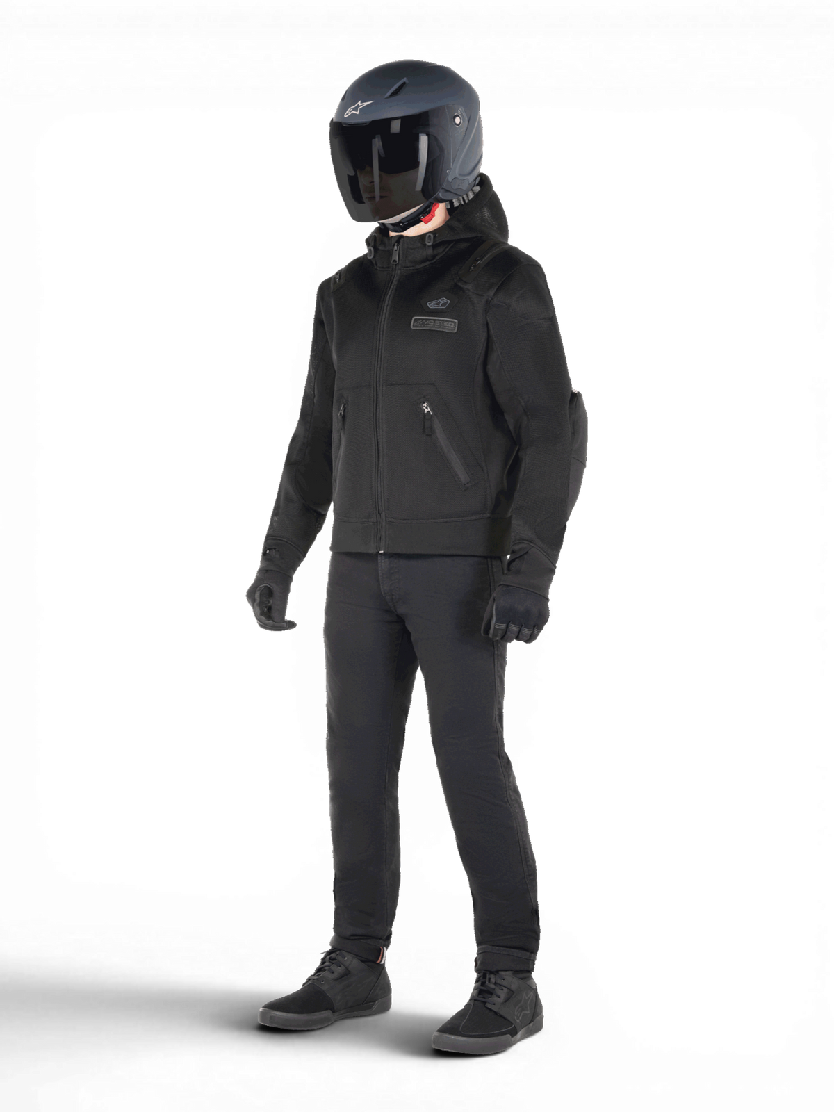 Alpinestars Moflow Air Tech jacka med huva, svart urban MC-jacka i mesh för herr, Tech-Air 3 Ready-skydd, bärs av modell.