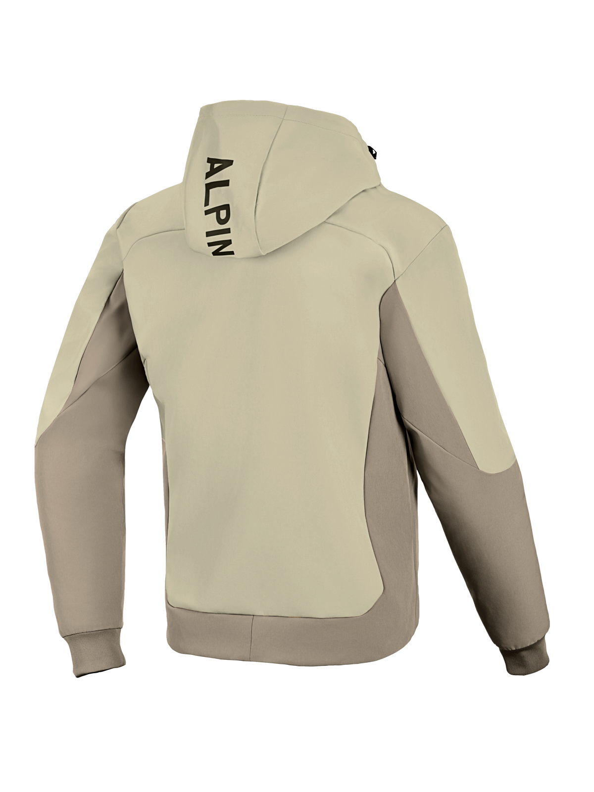 Alpinestars Radium Tech Hoodie, vy bakifrån, Mastic Aluminum, urban motorcykeljacka, tvåtonad beige och grå textildesign, vertikal svart logotyp på huvan, ribbade muddar och nederkant, vindtätt tech-skal för stadskörning.