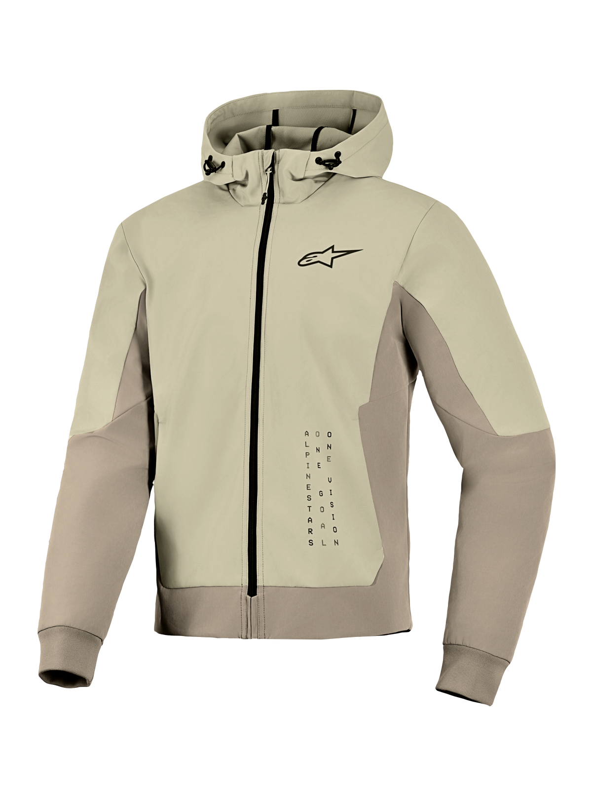 Alpinestars Radium Tech Hoodie, teknisk motorcykelhoodie, Mastic Aluminum, design med dragkedja, liten svart logotyp på bröstet och vertikal grafik, vindtätt skal med justerbar huva