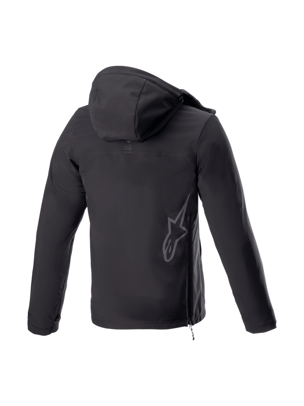 Alpinestars Sherpa jacka med huva, svart MC-jacka i softshell för stadskörning, baksida med reflexlogotyp och sidodragkedja.