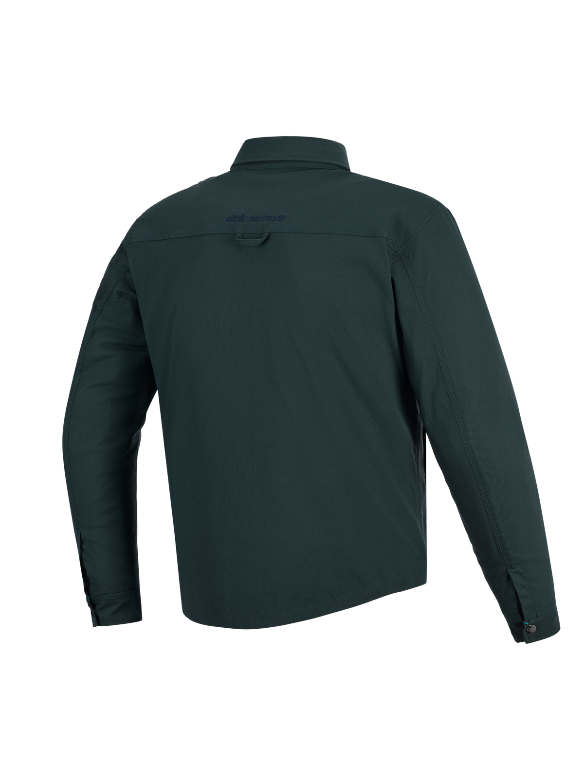 Alpinestars Bryon Water Resistant Overshirt, Dark Emerald, sedd bakifrån, vattenavvisande motorcykeljacka i vaxad canvas med broderad logotyp på övre ryggen, hängögla och längre ryggprofil för extra täckning
