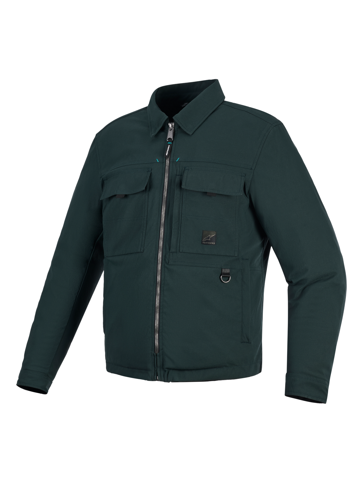 Alpinestars Bryon Water Resistant Overshirt, motorcykeljacka, Dark Emerald-grön, arbetsklädesinspirerad design med vaxad canvas, två bröstfickor av cargotyp, D-ring i metall och hellång dragkedja framtill.