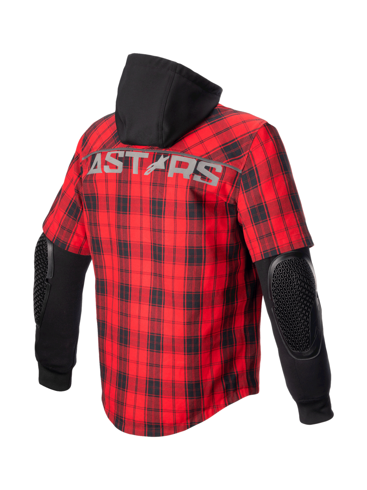 Alpinestars MO.ST.EQ Tartan Shirt, urban motorcycle jacket for men, Red and Black, with exposed elbow armor and a fixed hoodie.