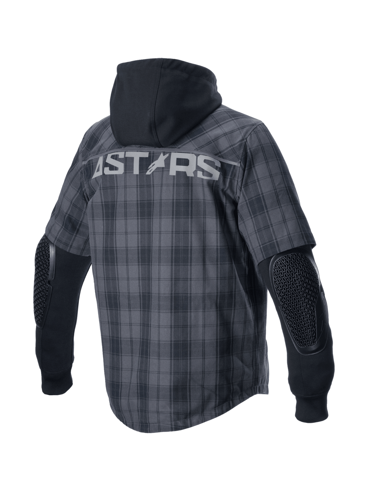 Alpinestars MO.ST.EQ Tartan skjorta, grå och svart rutmönstrad urban motorcykeljacka med fast huva, exponerade armbågsskydd och stor ASTARS-logotyp på ryggen, CE-certifierad