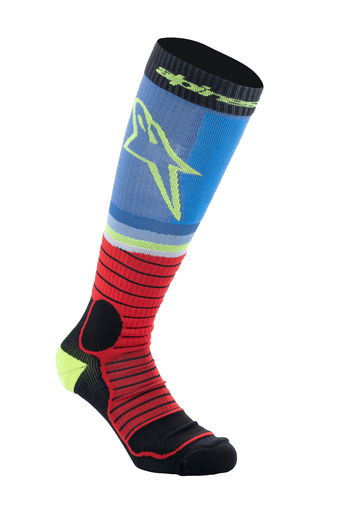 Alpinestars MX Pro Socks V2, knähöga motocross-strumpor, svarta, röda och ljusblå, ribbad sportig design med gul stjärnlogotyp, fukttransporterande funktionsmaterial för terrängkörning