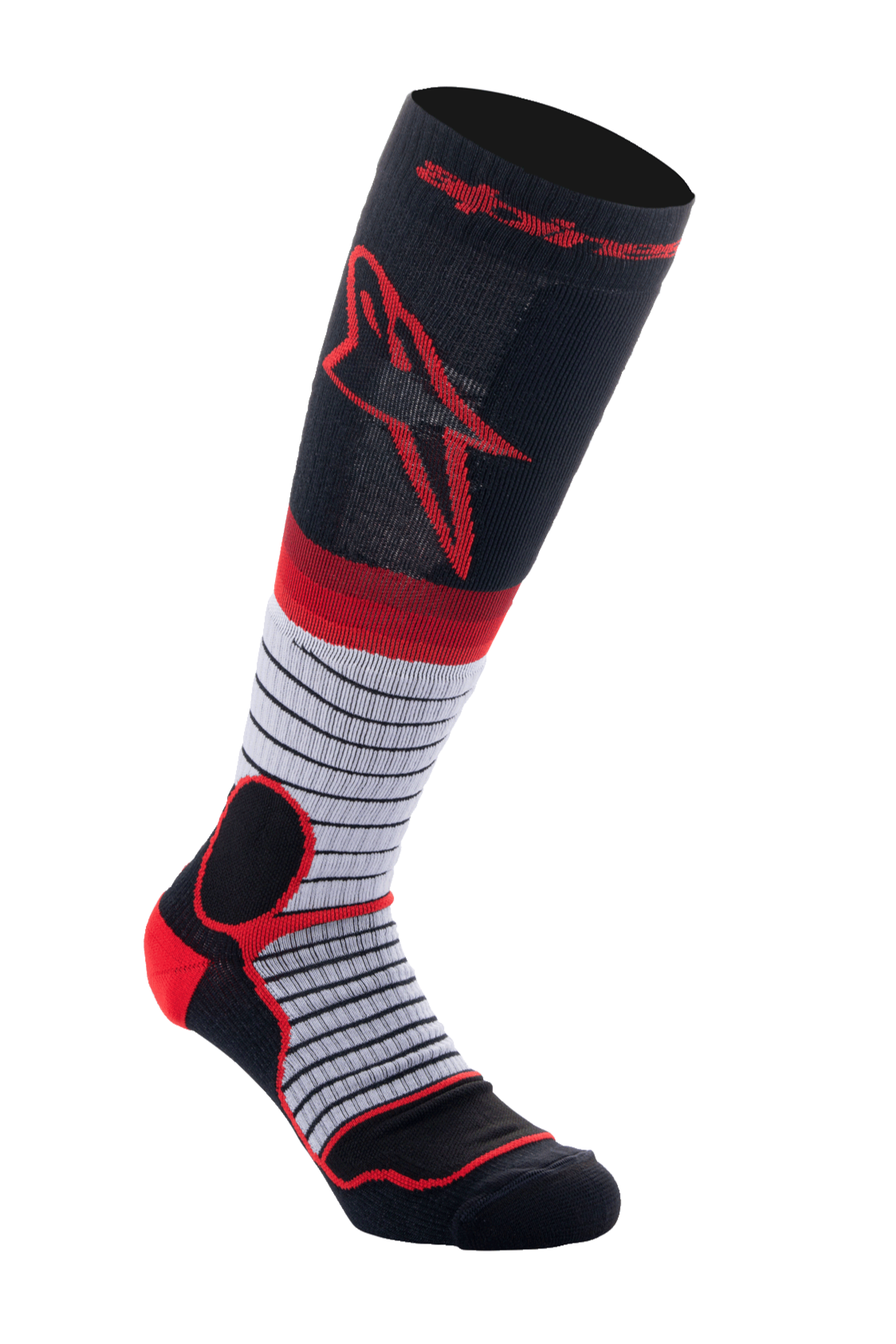 Alpinestars MX Pro Socks V2, knähöga motocrossstrumpor, svarta, grå och röda, med en röd Astar-logotyp på övre delen av vaden, grått mittparti med tunna horisontella svarta ränder, förstärkt röd vaddering vid häl och ankel, fukttransporterande funktionsstrumpor för terrängkörning