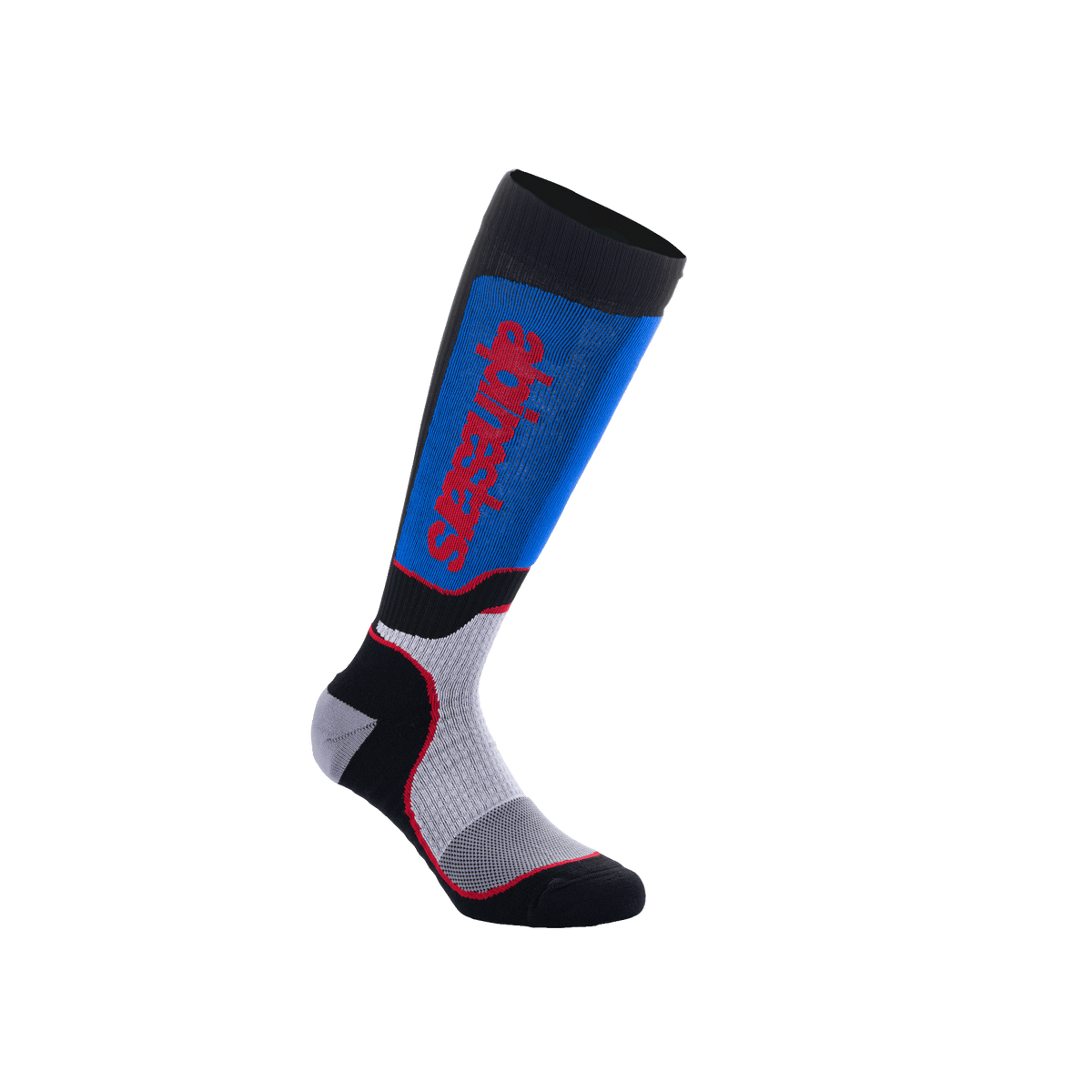 Alpinestars Youth MX Plus-strumpor, knähöga motocross-strumpor, svarta, kungsblå och grå, med en vertikal röd Alpinestars-logotyp, ribbad kompressionspassform med förstärkt häl och tå, funktionsutrustning för unga förare