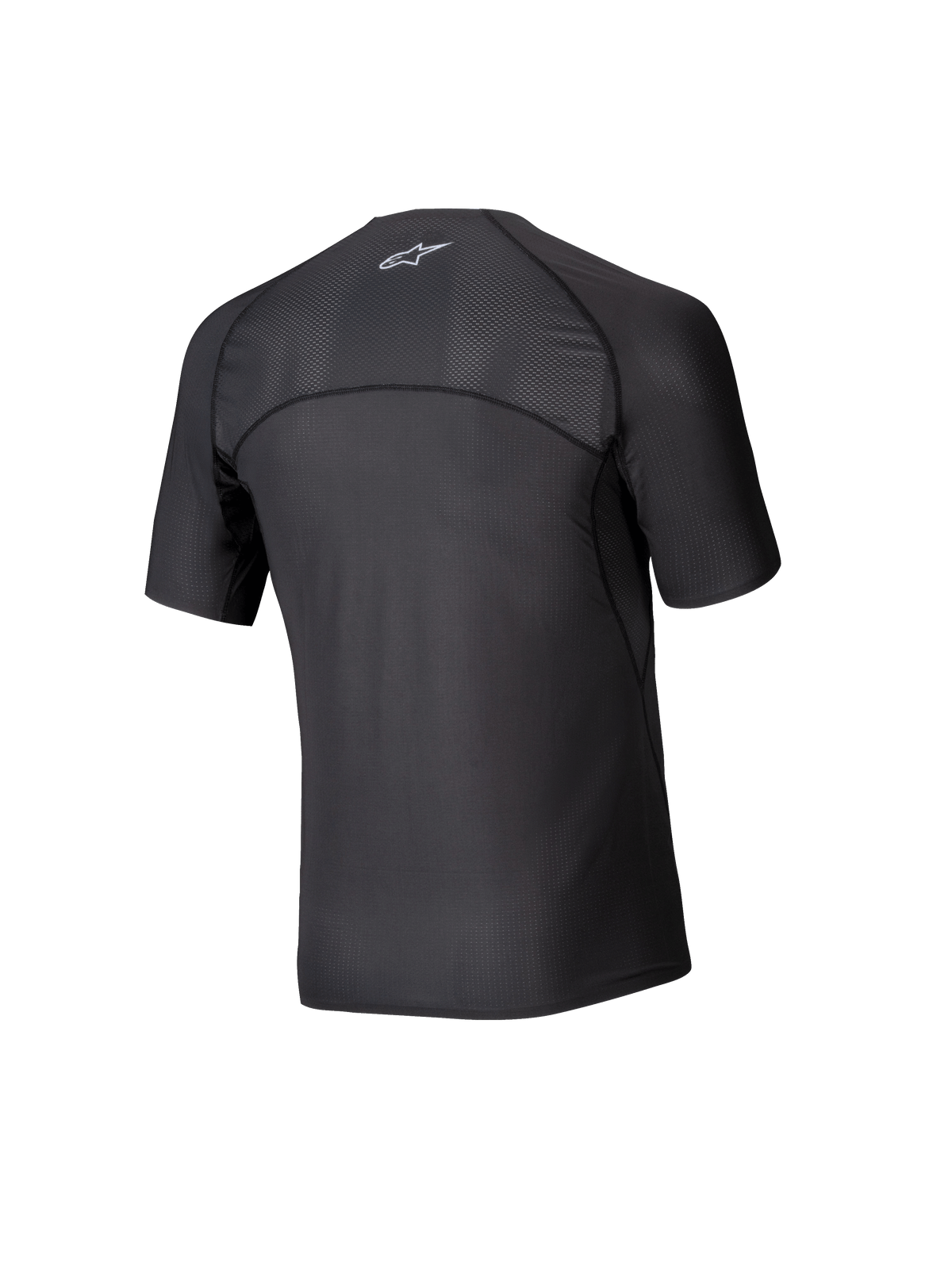Alpinestars Tech KX Sim Top, kortärmat baslager för karting, svart, vy bakifrån som visar ventilerande meshpaneler på axlarna och övre delen av ryggen, ergonomisk sömskonstruktion, fuktavledande funktionstyg