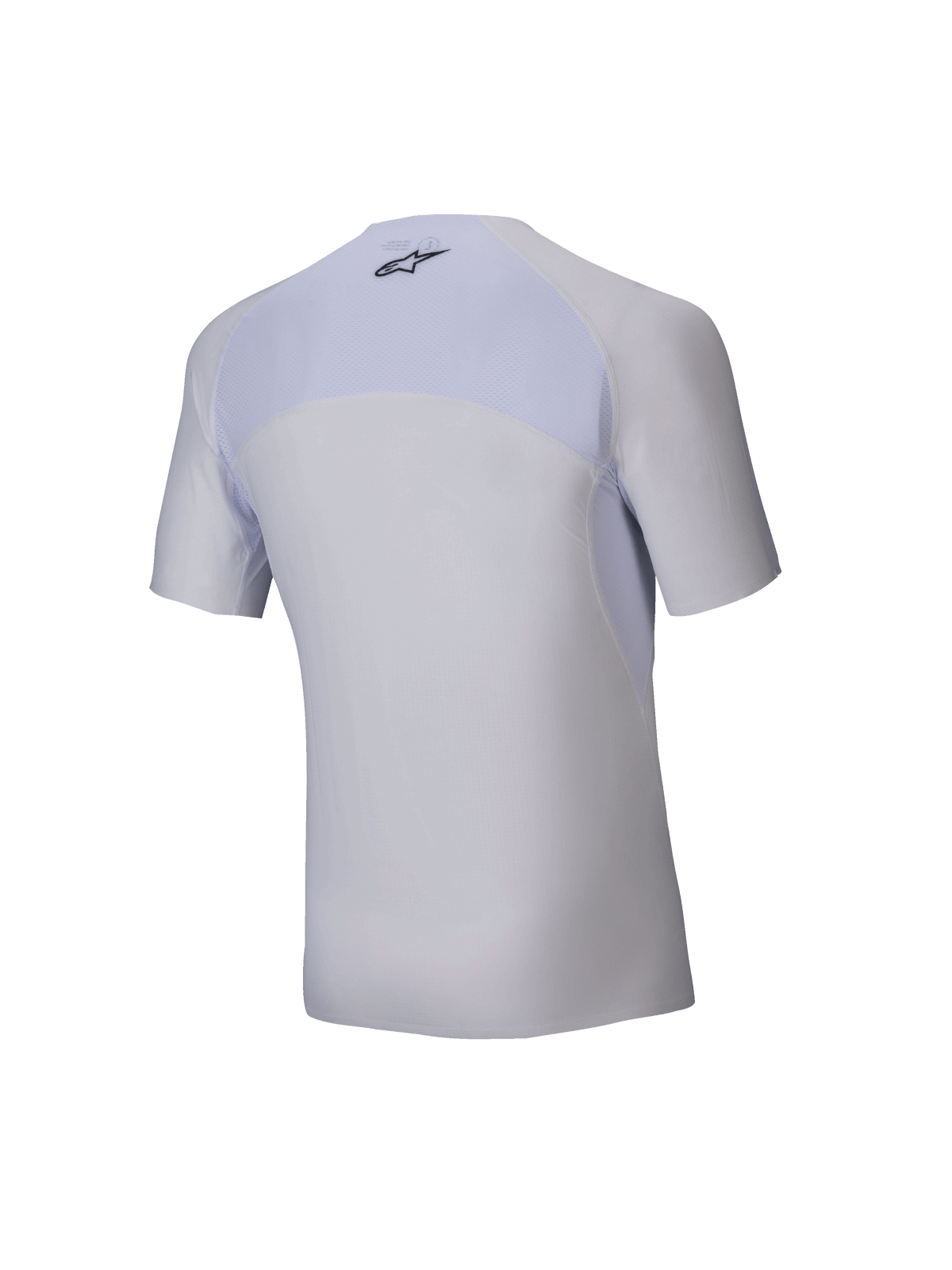 Alpinestars Tech KX Sim Top - kortärmad, vitt baslager för karting, vy bakifrån, har ventilerande meshpanel på övre delen av ryggen, svart Alpinestars-logotyp i nacken, ergonomiskt stretchmaterial för racingprestanda
