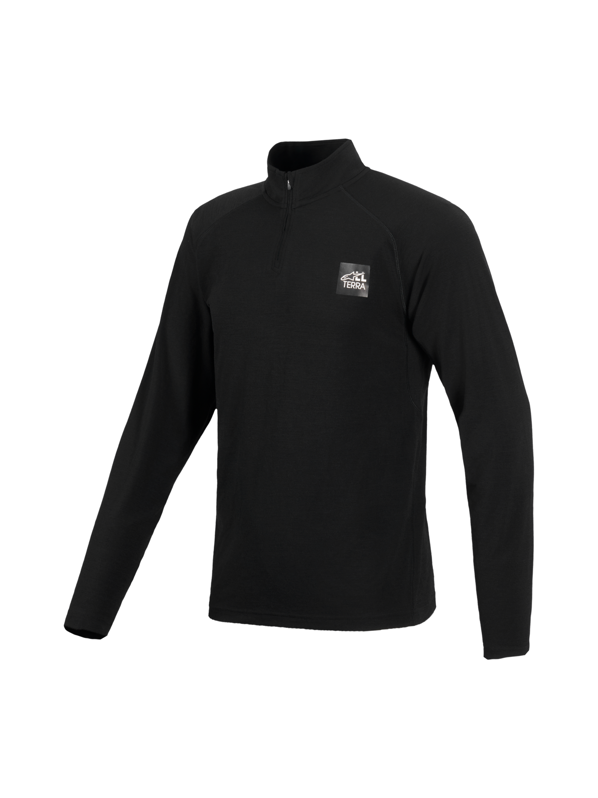 Alpinestars At 8 Merino Top Layer, svart långärmad teknisk tröja i merinoblandning med kvartsdragkedja i kragen och All Terra-bröstlogotyp
