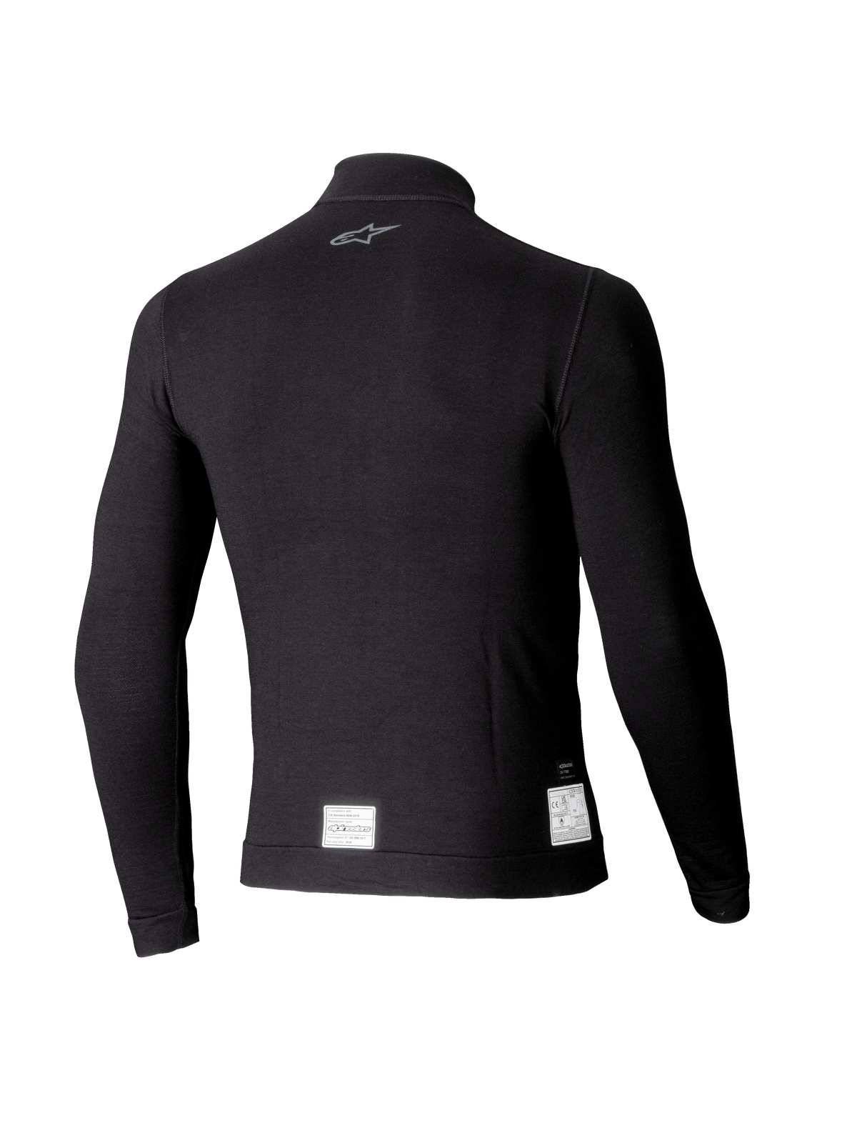 Alpinestars ZX Evo V3 långärmad topp, svart underställ för bilsport, baksida med en liten grå logotyp i nacken och vita FIA/SFI-certifieringsetiketter vid den nedre fållen, lätt, flamskyddad design.