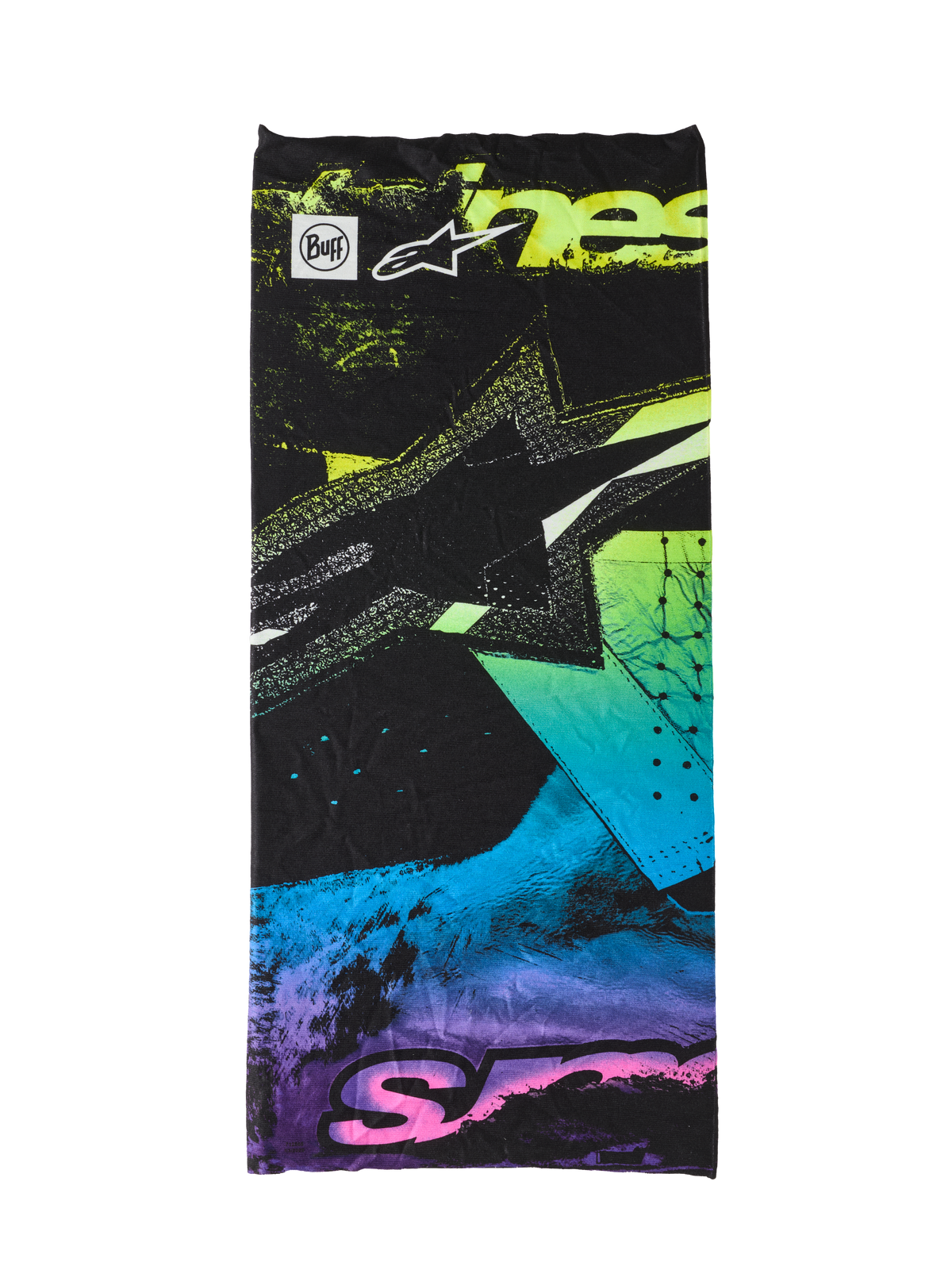 Alpinestars Buff Ignite Neck Tube, svart med fluorescerande rosa, gul, blå och lila abstrakt grafik, med Alpinestars stjärnlogotyp och Buff-logotyp, sömlöst och lätt halsskydd för motorcykelkörning