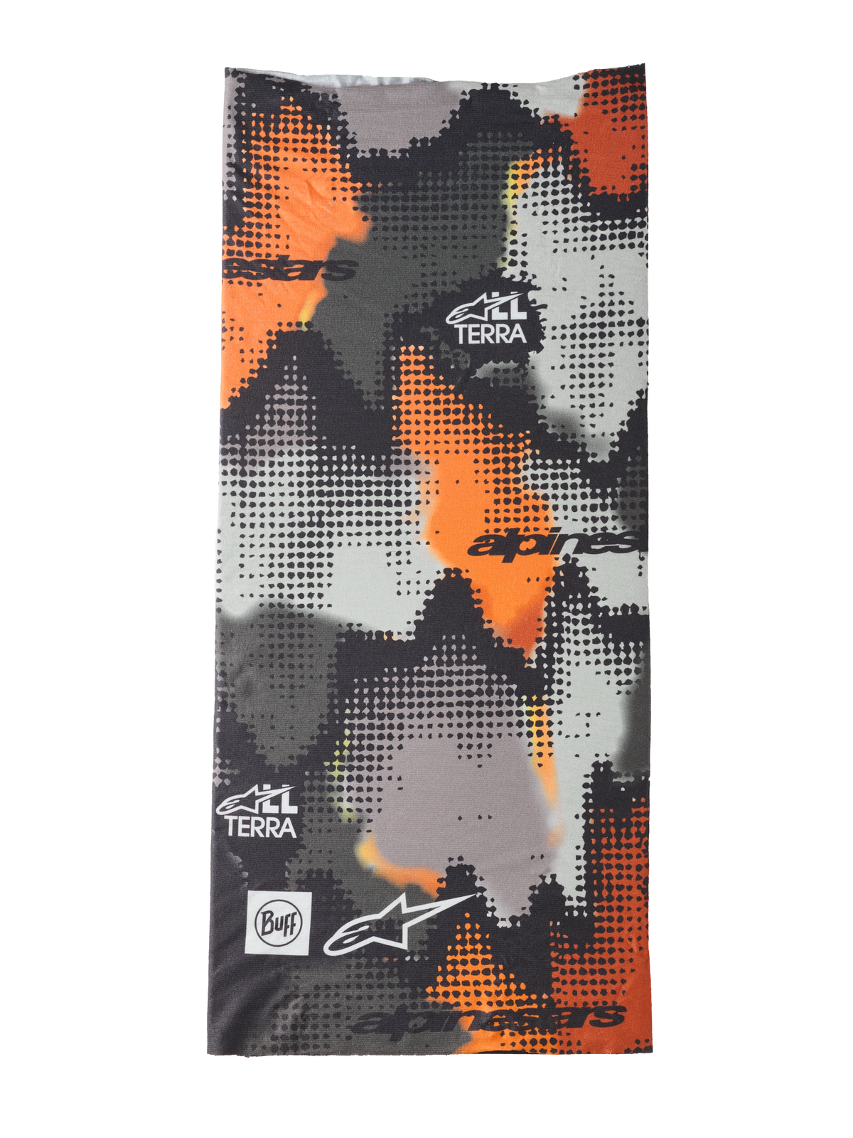 Alpinestars Buff Nazca Neck Tube, halsrör för motorcykel, grå camo och orange fluo, digitalt halftone-kamouflagemönster, med Alpinestars- och Buff-logotyper samt All Terra-märkning, sömlöst 4-vägs stretchmaterial för körning i varmt väder