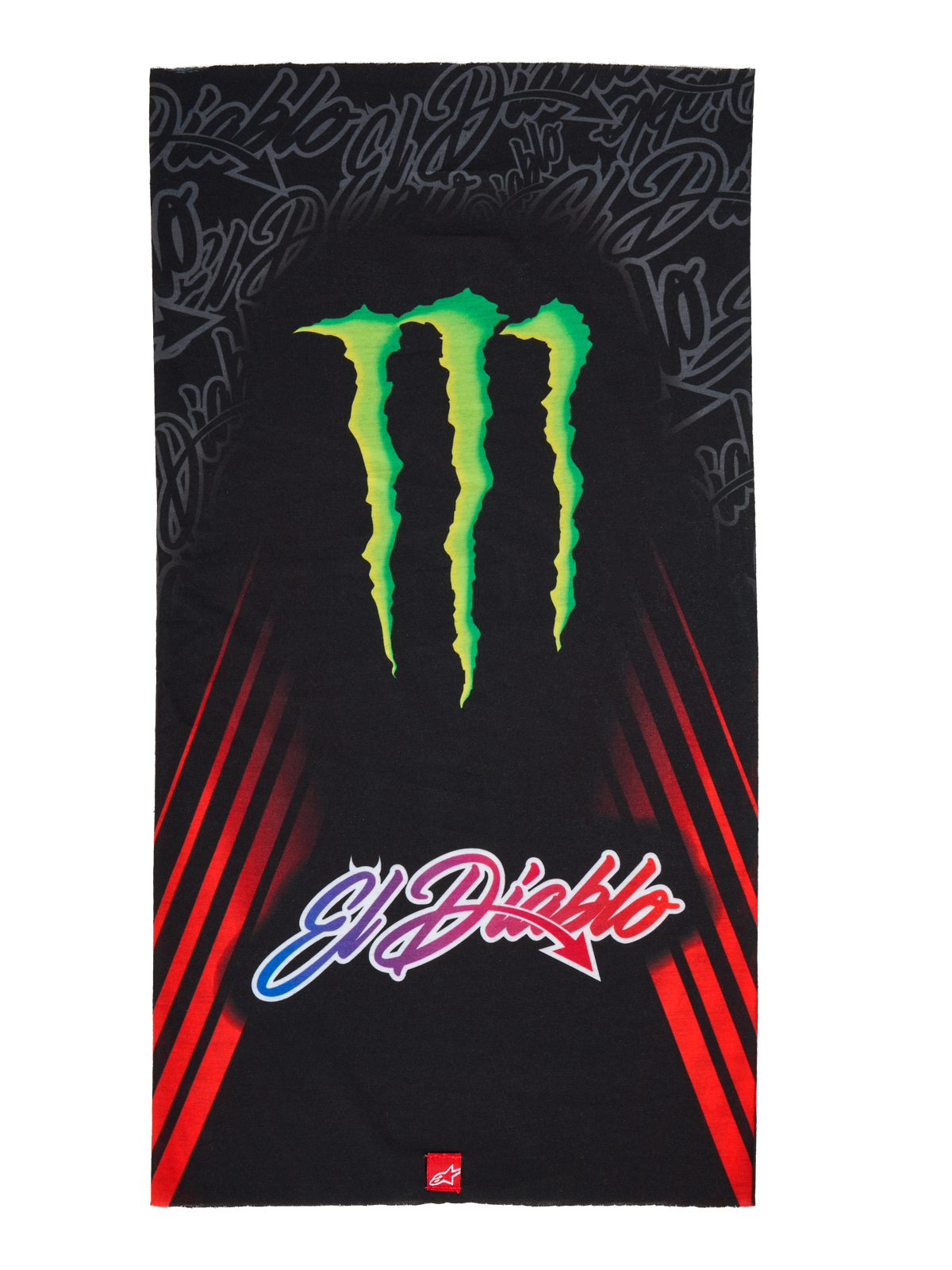 Alpinestars FQ20 Neck Tube Monster, halsrör för motorcykel, svart med en stor grön Monster Energy-logotyp och 'El Diablo'-text med färgtoning, röda diagonala racingränder på sidorna, lätt textilaccessoar för körning under vår och sommar