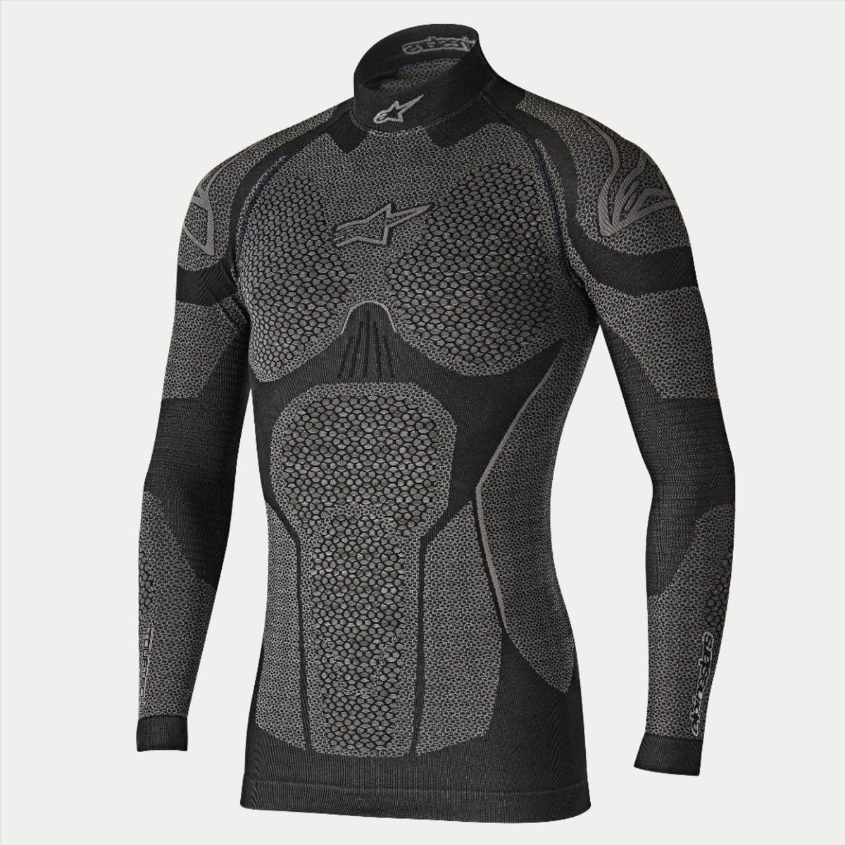 Alpinestars Ride Tech Top Long Sleeve Winter, baslager för motorcykel, svart och grå, teknisk långärmad tröja med bikakemönstrade paneler i dubbel densitet, kompressionspassform, mock neck med vit Alpinestars-logotyp, termiskt underställ för kalla väderförhållanden