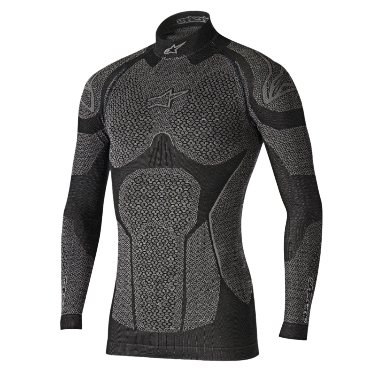 Alpinestars Ride Tech Top Long Sleeve Winter, tekniskt baslager, svart och grå, med bikakemönstrade paneler, halvpolo-design och kompressionspassform för motorcykelkörning i kallt väder