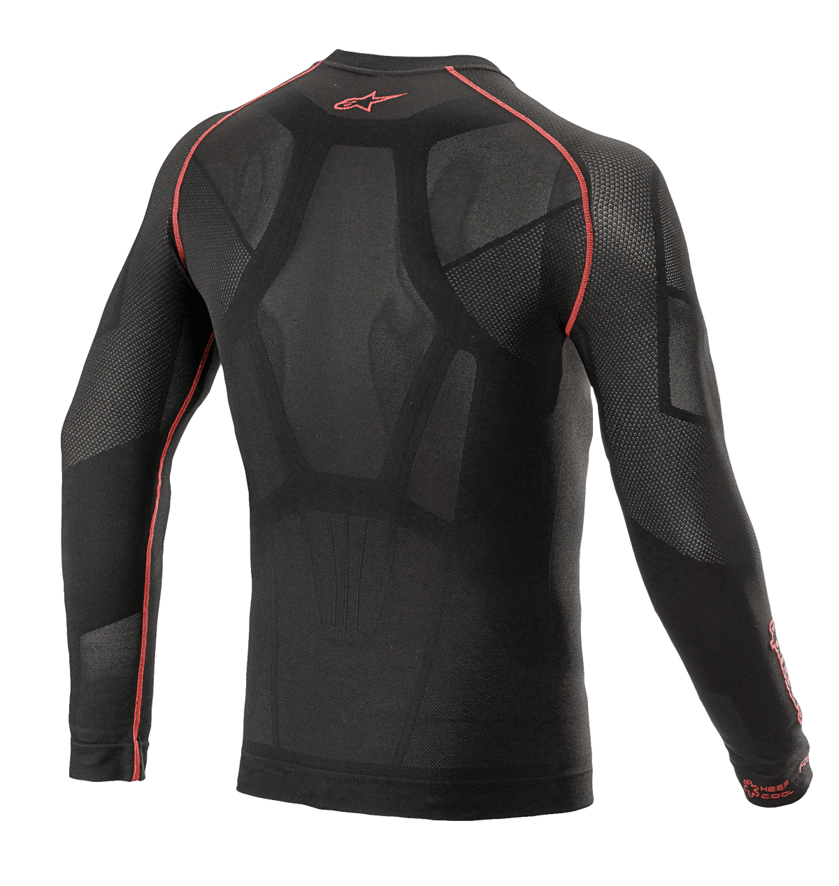 Alpinestars Ride Tech V2 Top Long Sleeve Summer, motorcykelunderställ, svart och röd, vy bakifrån med kroppskartlagd konstruktion, öppna meshpaneler, röda flatlock-sömmar och röd Alpinestars-logotyp på kragen, tekniskt underställ för varmt väder.