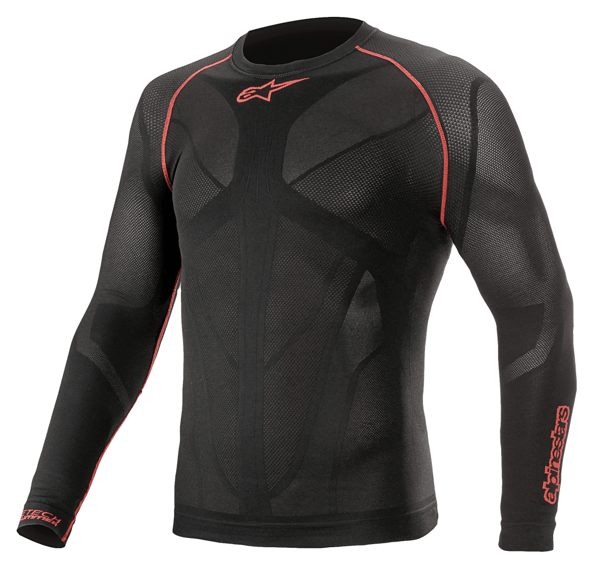 Alpinestars Ride Tech V2 Top Long Sleeve Summer, motorcykelunderställ i svart och rött, med ventilerande kroppskartlagda meshpaneler, röda flatlocksömmar på axlarna och Alpinestars-logotyper på bröstet och ärmen