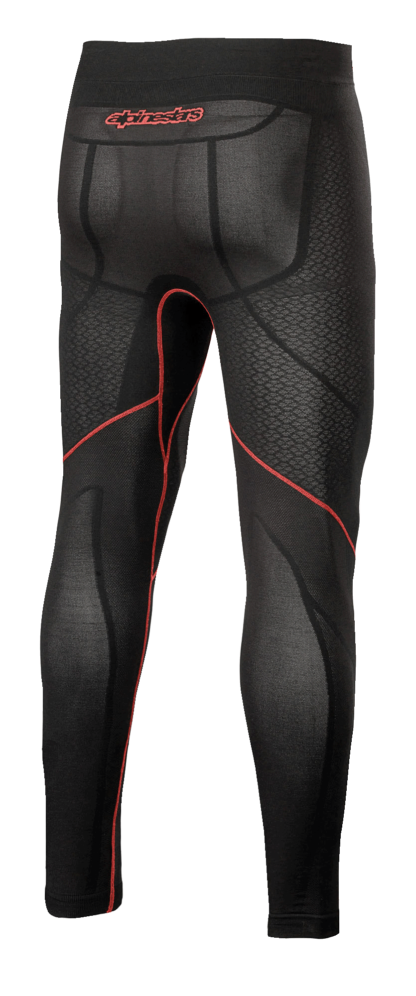 Alpinestars Ride Tech V2 Bottom Summer, underställsbyxor för motorcykel, svart och röd, vy bakifrån som visar röda kontrastsömmar, röd Alpinestars-logotyp på midjebandet och ventilerande mesh-paneler för körning i varmt väder.