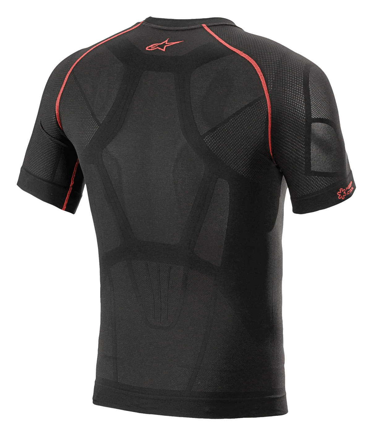 Alpinestars Ride Tech V2 kortärmad sommartopp, motorcykel-baslager, svart och röd, vy bakifrån med kroppsanpassad konstruktion, ventilationspaneler i mesh, röda kontrastsömmar och röd Astars-logotyp på övre ryggen