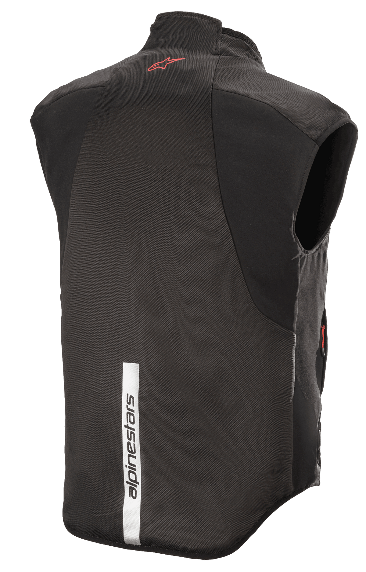 Alpinestars HT Heat Tech Väst, svart, vy bakifrån med en röd Astars-logotyp på övre ryggen och en vertikal reflekterande vit remsa med Alpinestars-logotyp på nedre ryggen, eluppvärmt underställ för motorcykel