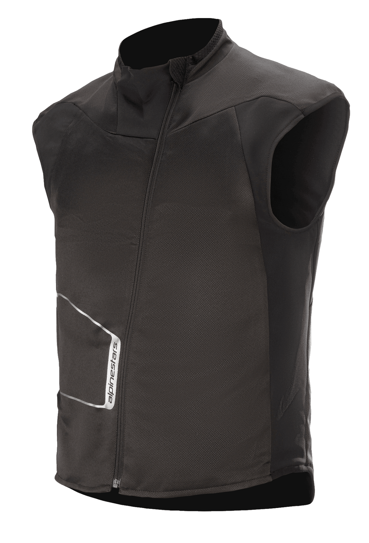 Alpinestars HT Heat Tech Väst, svart ärmlöst uppvärmt baslager för motorcykel, hög krage med asymmetrisk snedställd dragkedja fram, teknisk textilkonstruktion med vit Alpinestars-logotyp, termiskt underställ för vinteräventyr och touring