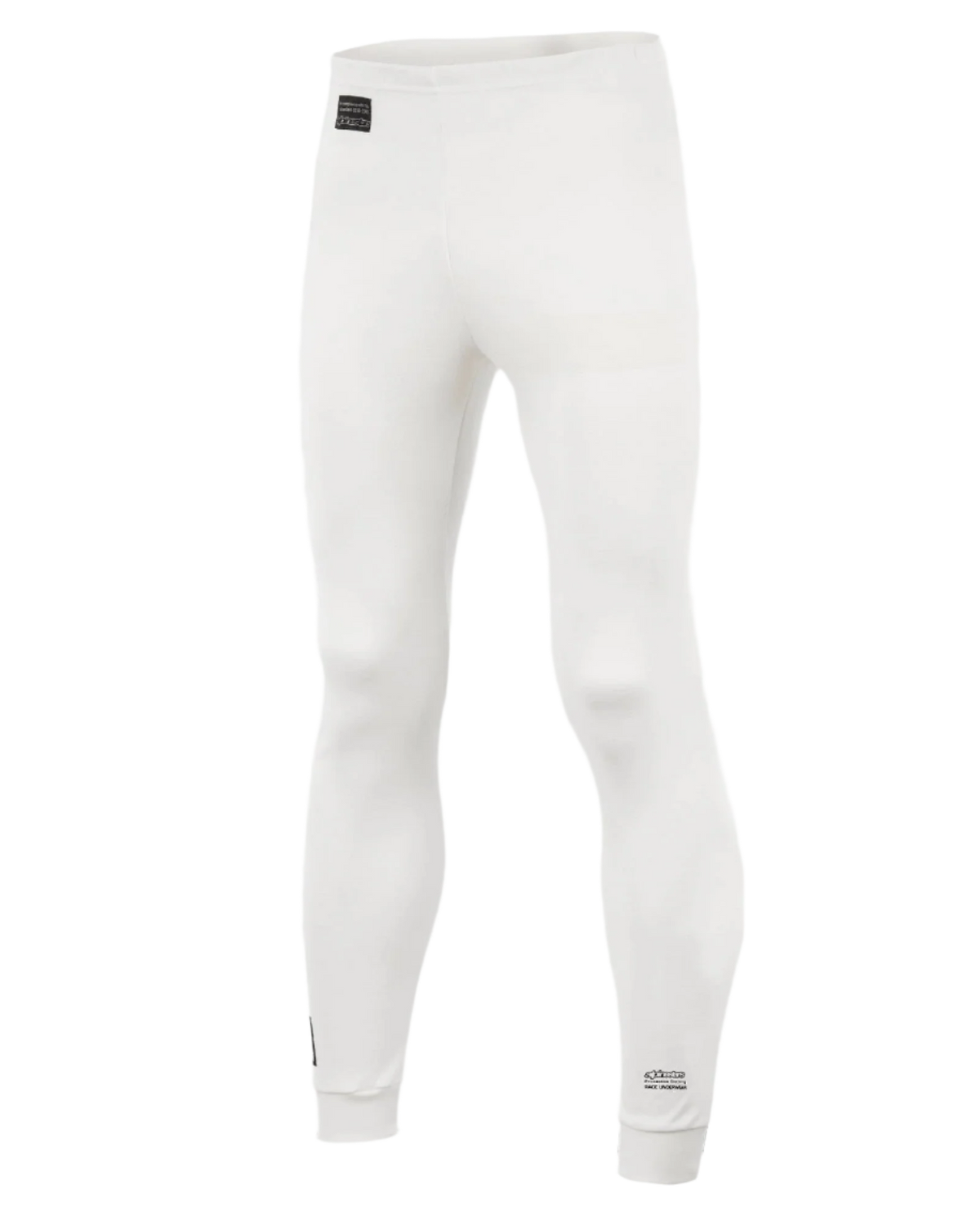 Alpinestars Race Bottom FIA, Auto Racing Base Layer Pants, White with black logo patches, lightweight and flame-resistant textile, designed for wear under a driving suit