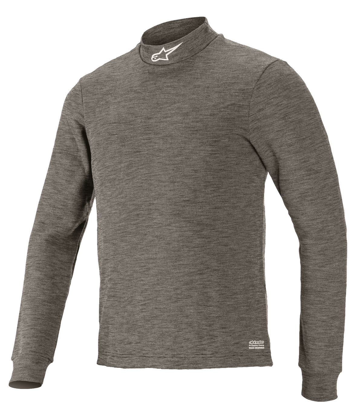 Alpinestars Race V3 långärmad topp, tekniskt underställ för motorsport, antracitgrå melerad, polokrage med vit stjärnlogotyp, långa ärmar, melerat flamskyddande material, professionellt underställ för bilracing