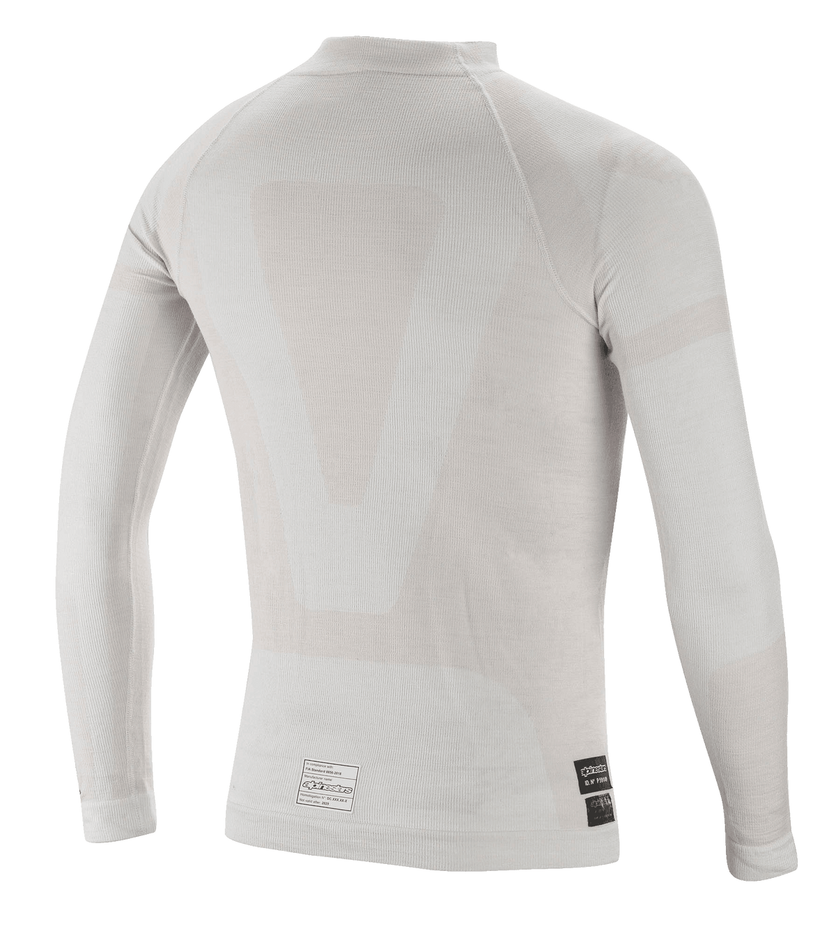 Alpinestars ZX Evo V2 långärmad topp, underställ för bilracing, vit-grå, vy bakifrån med lätt sömlös tubformad konstruktion och FIA-certifieringsetiketter vid den nedre fållen