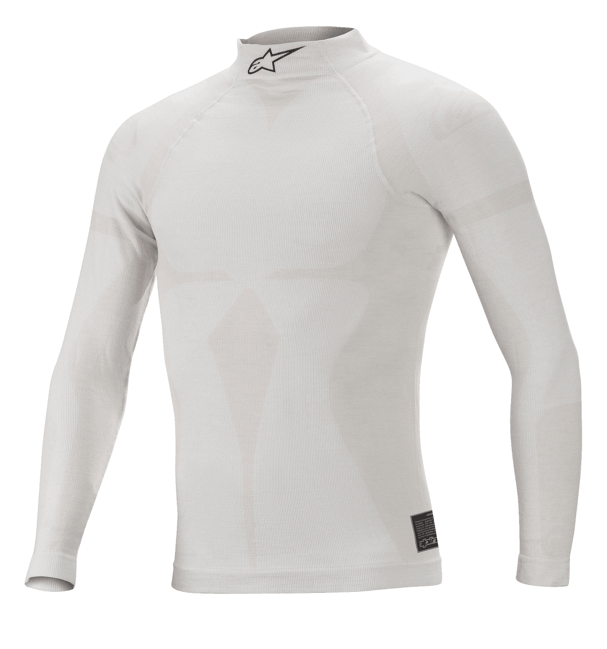 Alpinestars ZX Evo V2 Long Sleeve Top, vit och grå, flamskyddat underställ för bilsport, hög krage med svart Astars-logotyp, sömlös konstruktion med jacquardmönster, lätt och figurnära funktionsunderställ