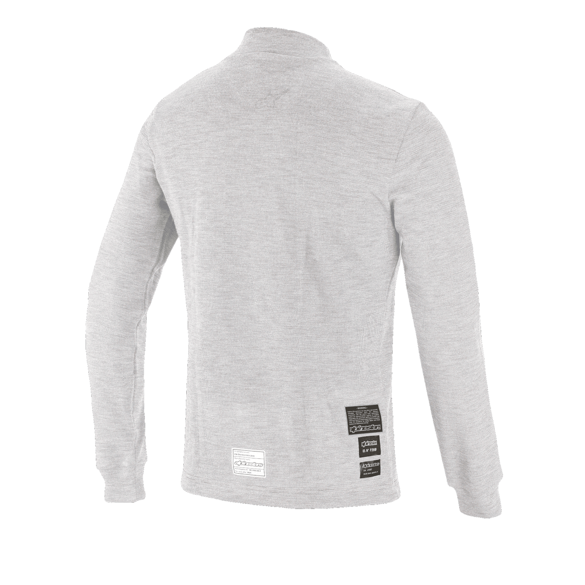 Alpinestars Race V3 Långärmad Topp, underställ för bilsport, vit, baksida som visar FIA 8856-2018-homologeringsetiketter på nedre ryggen, mjukt texturerat flamskyddande material för skydd inom motorsport