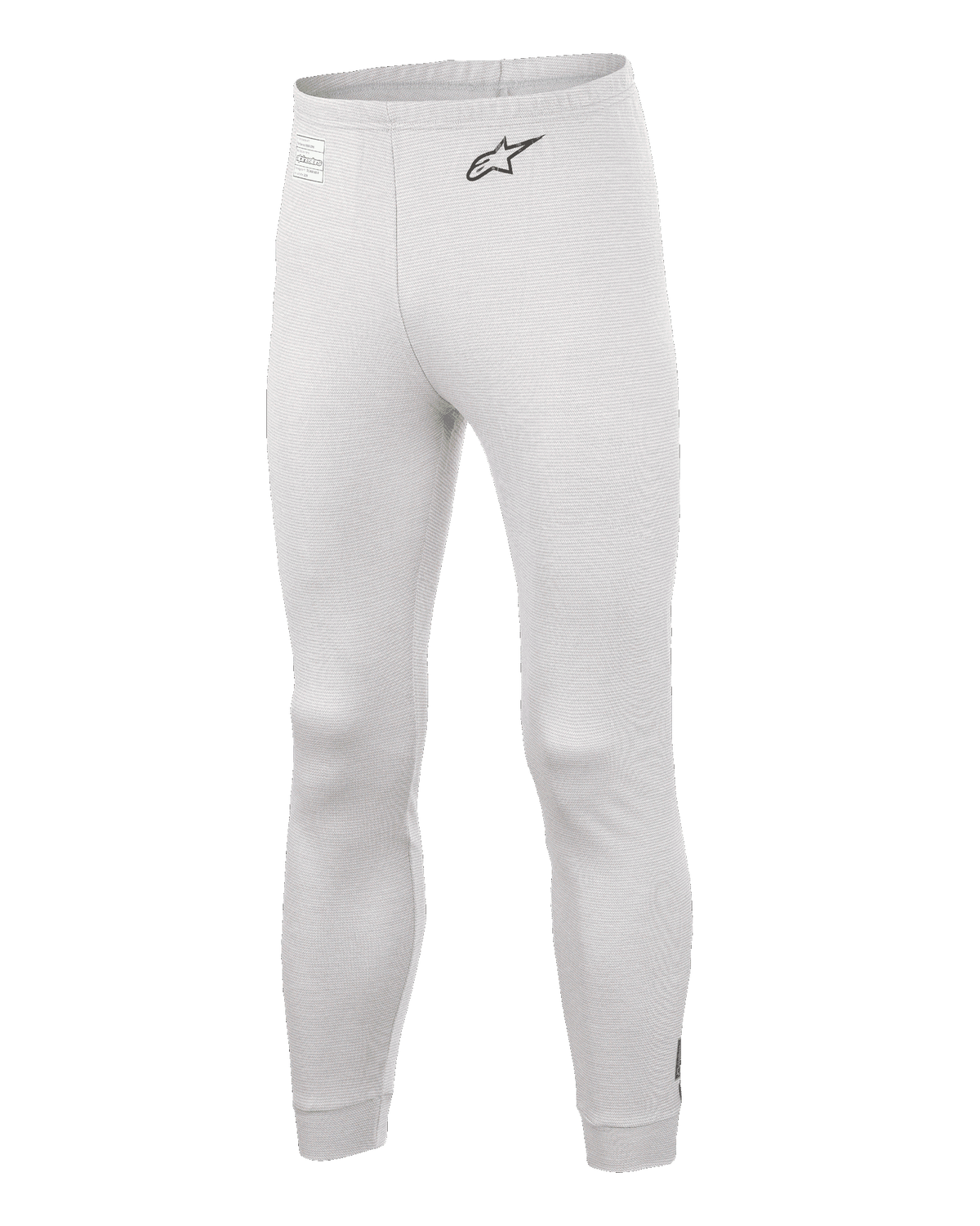 Alpinestars Race V3 Bottom, vita underställsbyxor för bilsport, texturerat flamskyddande material, svart A-star-logotyp på höften, ribbade muddar vid anklarna och i midjan, lätt tekniskt underställ