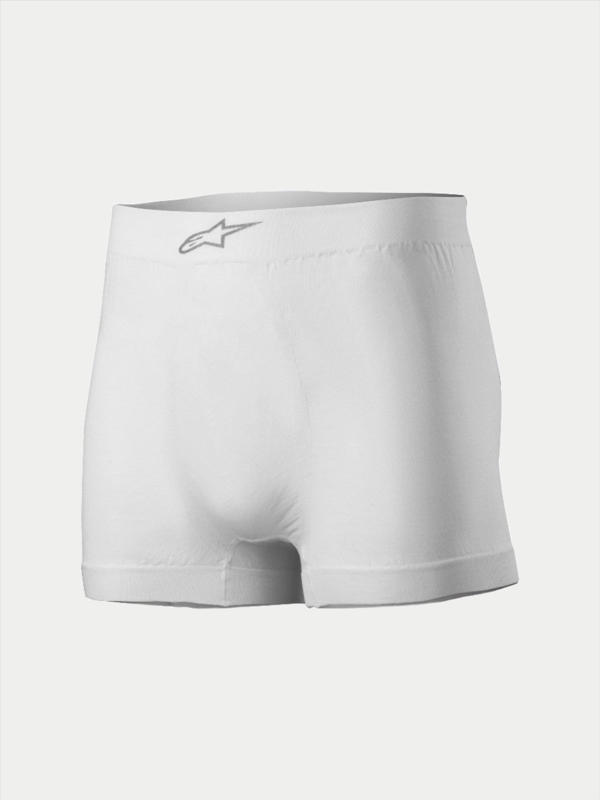 Alpinestars TECH ZX Boxer, racingunderkläder, vita med en silverfärgad Alpinestars-logotyp på midjeresåren fram, lätt flamskyddat material, underställ för motorsport