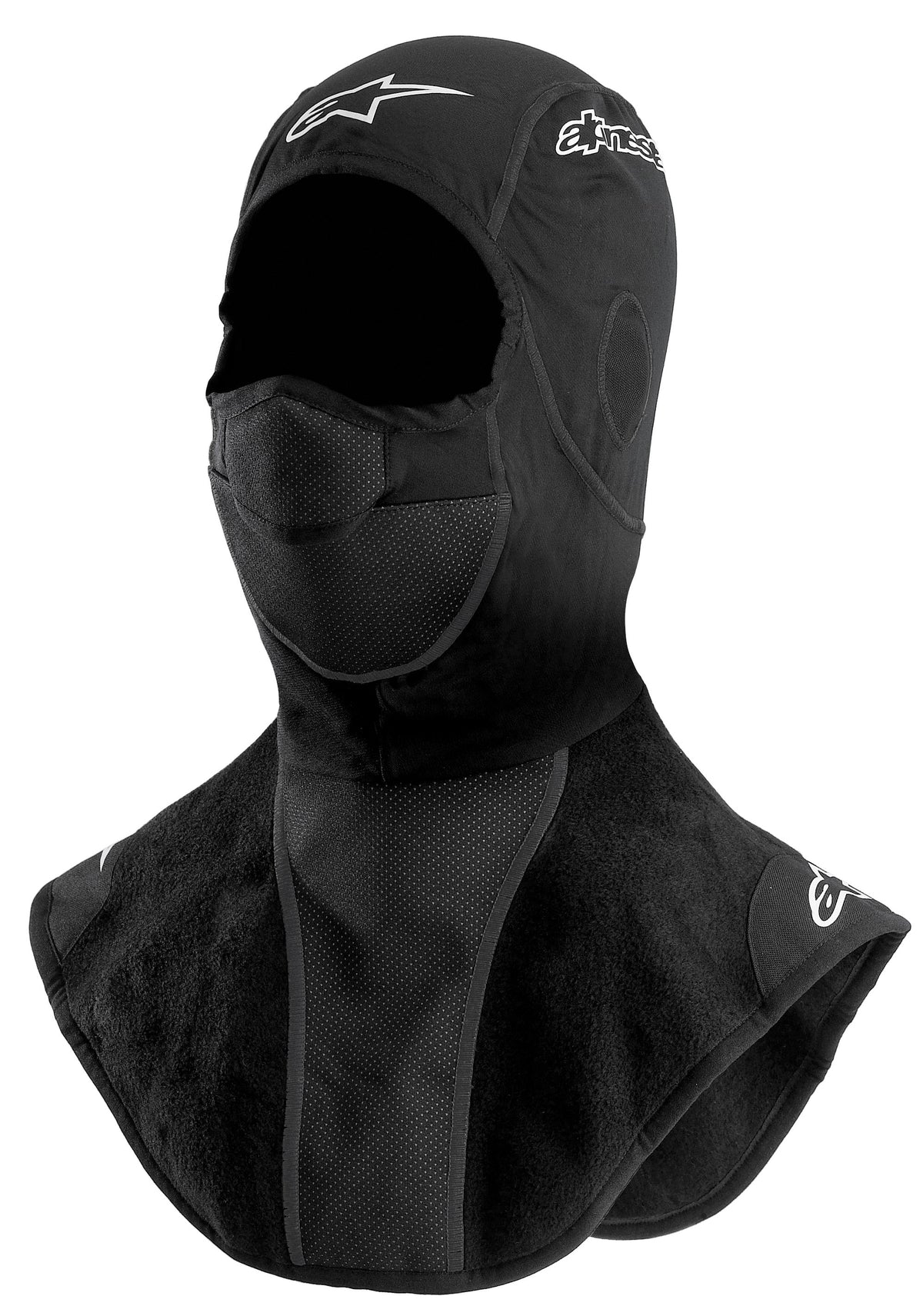 Alpinestars Winter Balaclava, motorcykelbalaklava för kallt väder, svart, med förlängd fleecekrage för hals och bröst, andningsbar perforerad munpanel och vita tryckta logotypdetaljer.