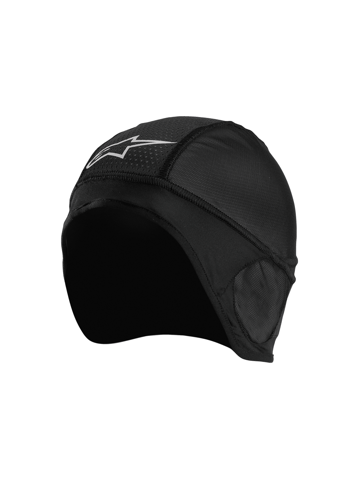 Alpinestars Balaclava Skull Cap, svart underhjälmsmössa för motorcykel med ventilerande meshpaneler, vit stjärnlogotyp, ergonomisk design med platta sömmar för komfort under hjälmen