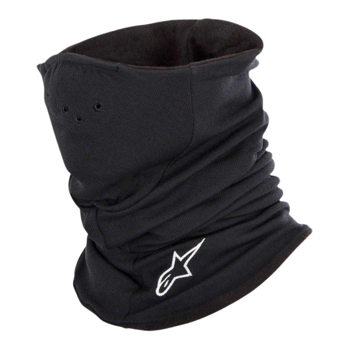 Alpinestars Tech Neck Warmer i svart, halsvärmare för motorcykel med vit broderad logotyp, perforerade lufthål och dubbla lager fleecefoder för termiskt skydd och skydd mot vindkyla