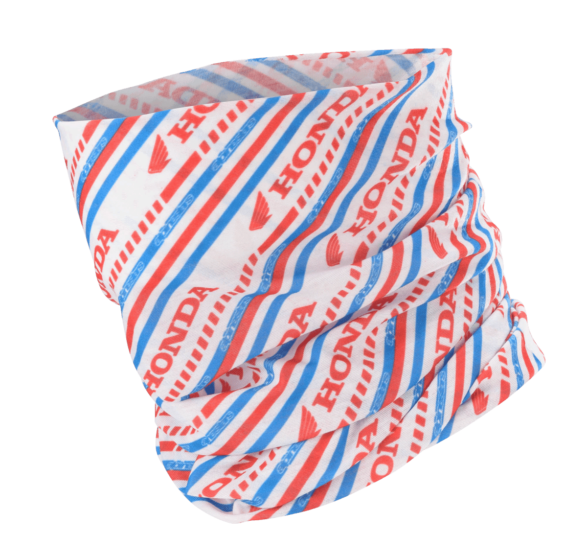 Alpinestars Honda Neck Tube, halsrör för motorcykel, vit, röd och blå, med diagonala ränder samt Honda- och Alpinestars-logotyper, lätt silkeslent material för vår- och sommarkörning