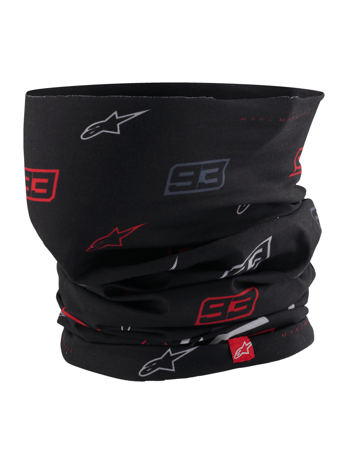 Alpinestars MM93 Neck Tube, halsrör för motorcykel, svart med rött och vitt mönster av Marc Márquez 93- och stjärnlogotyper, lättviktigt stretchmaterial, med en liten röd Alpinestars-etikett