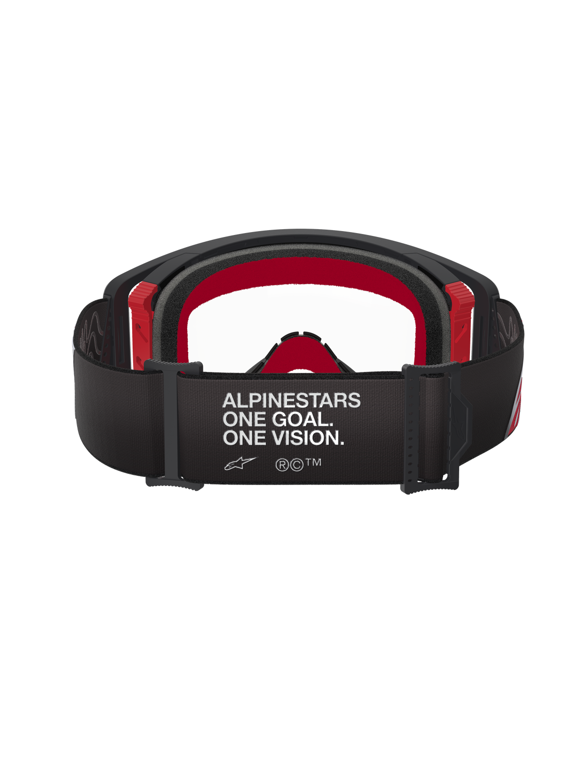 Alpinestars Supertech Corp Goggles, motocrossglasögon, svarta och röda med klar lins, vy bakifrån som visar brett svart band med vit 'ALPINESTARS ONE GOAL. ONE VISION.'-logotyp, flerskikts ansiktsskum och röda ramdetaljer