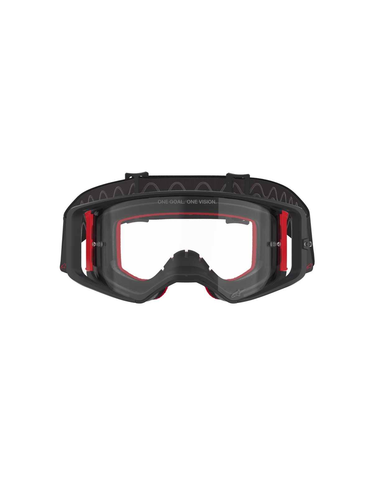 Alpinestars Supertech Corp Goggles, motocrossglasögon, svarta, röda och klara, vy framifrån, klar lins med texten 'ONE GOAL. ONE VISION.', svart ram med röda sidodetaljer, brett synfält, hållbart band med vågformigt silikongrepp
