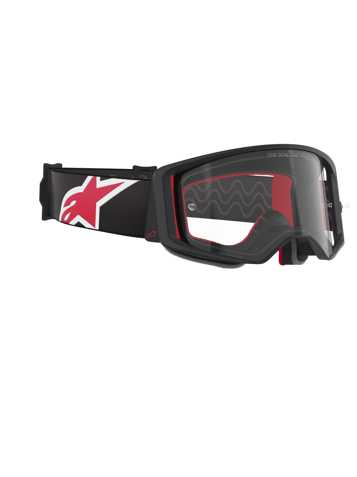 Alpinestars Supertech Corp-goggles, motocrossglasögon, svarta, röda och klara, vinklad sidovy med en klar lins och svart ram, röd inre vaddering, svart band med en stor röd och vit Alpinestars-logotyp, professionellt ögonskydd för terrängkörning