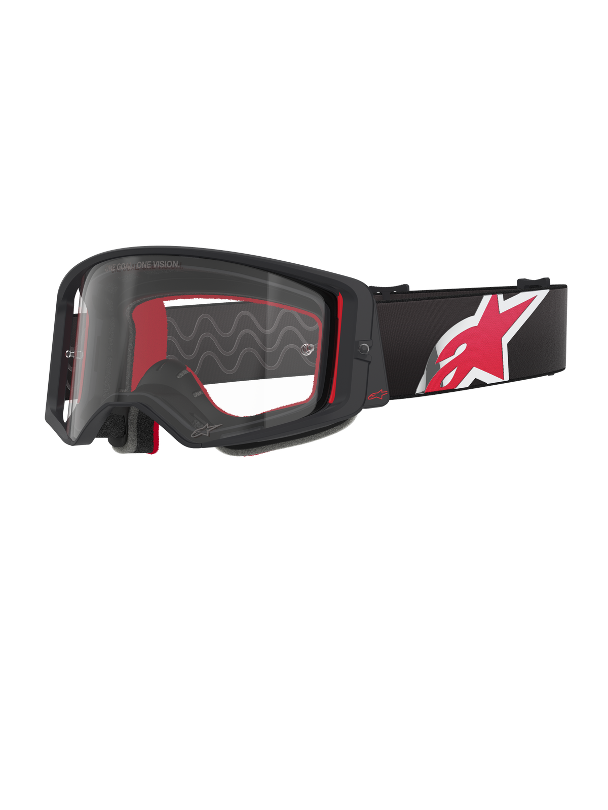 Alpinestars Supertech Corp Goggles, svart och röd ram med klar lins, svart justerbart band med en stor röd och vit stjärnlogotyp, professionella motocrossglasögon designade för terrängkörning
