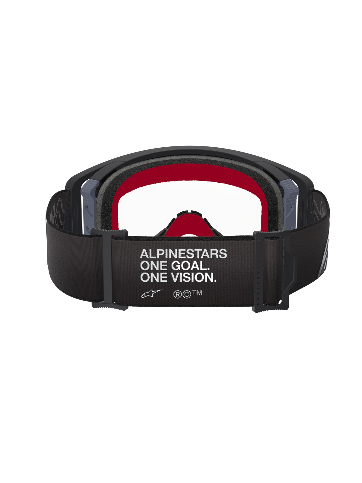Alpinestars Supertech Corp Goggles, motocrossglasögon, svart och grå ram med klar lins, baksida med svart band med slogan 'ALPINESTARS ONE GOAL. ONE VISION.' och rött invändigt ansiktsskum