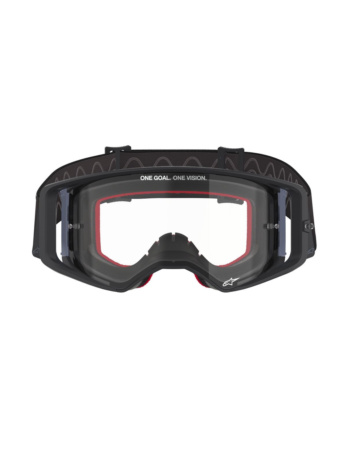 Alpinestars Supertech Corp Goggles, motocrossglasögon, svart ram med klar lins, rött invändigt ansiktsskum, texten 'ONE GOAL. ONE VISION.' på den övre linsen, svart band med silikonbaksida, professionella skyddsglasögon för terrängkörning