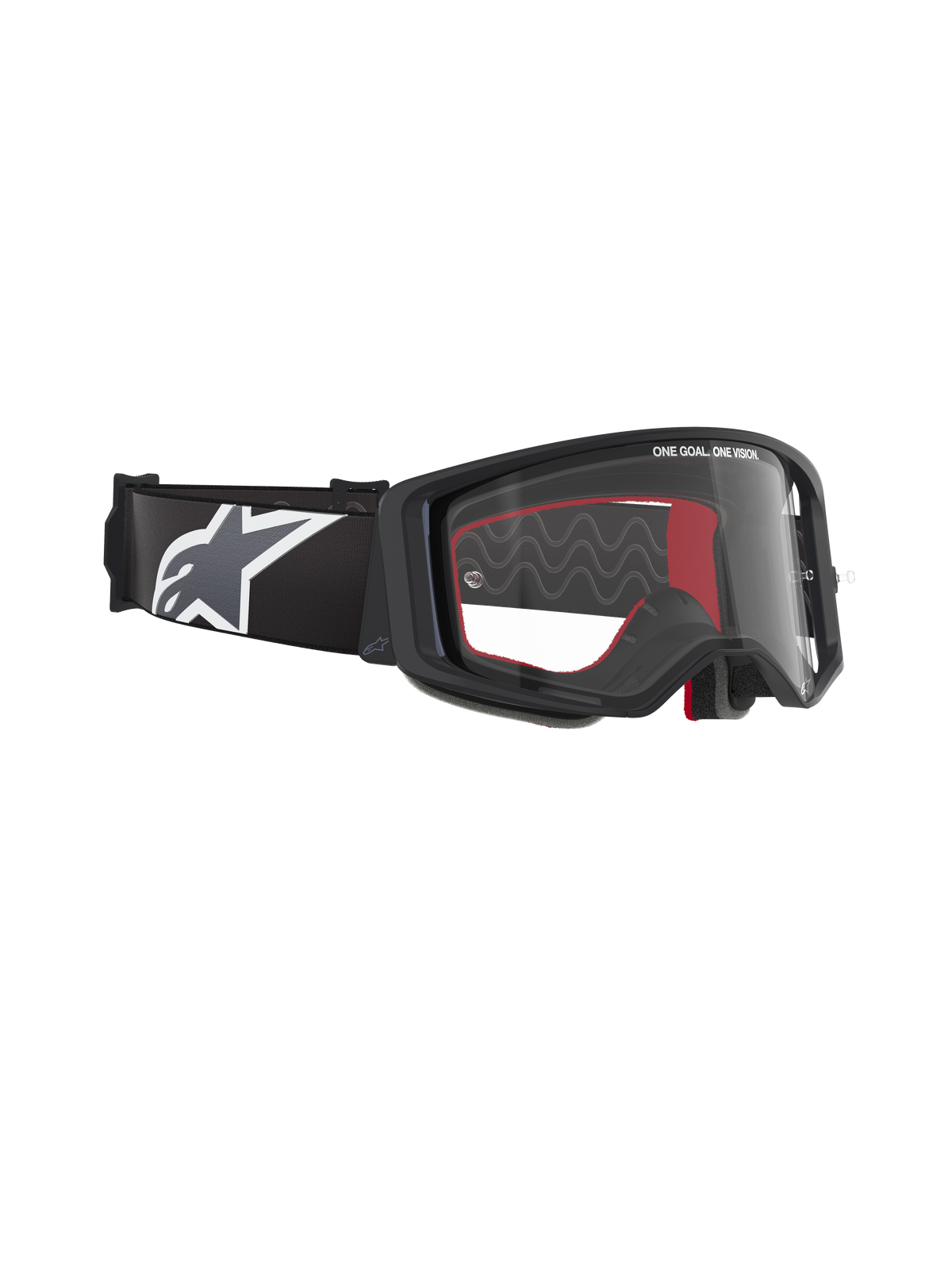 Alpinestars Supertech Corp Goggles, motocrossglasögon, svart ram med klar lins, justerbart svart band med stor vit Alpinestars stjärnlogotyp, röda skumdetaljer på insidan, professionellt ögonskydd för terrängkörning