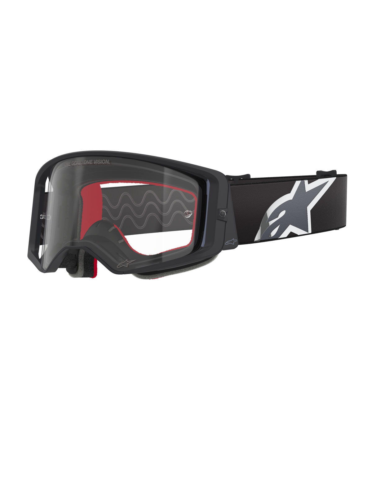 Alpinestars Supertech Corp Goggles, Motocross Goggles, Black Grey and Clear, clear polycarbonate lens with black frame, red internal face foam, wide adjustable strap with large white and grey Astars logo, protective off-road eyewear