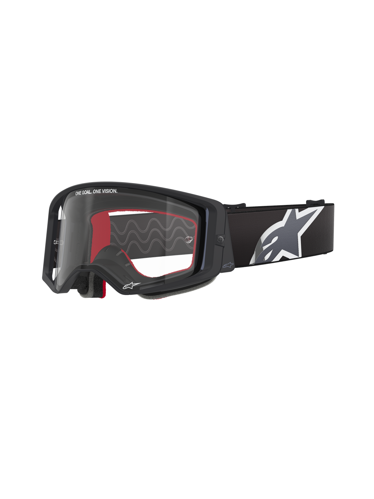 Alpinestars Supertech Corp goggles, motocrossglasögon, svarta med röd insida och klar lins, svart rem med stor vit stjärnlogotyp, "ONE GOAL. ONE VISION."-branding, högpresterande offroad-glasögon