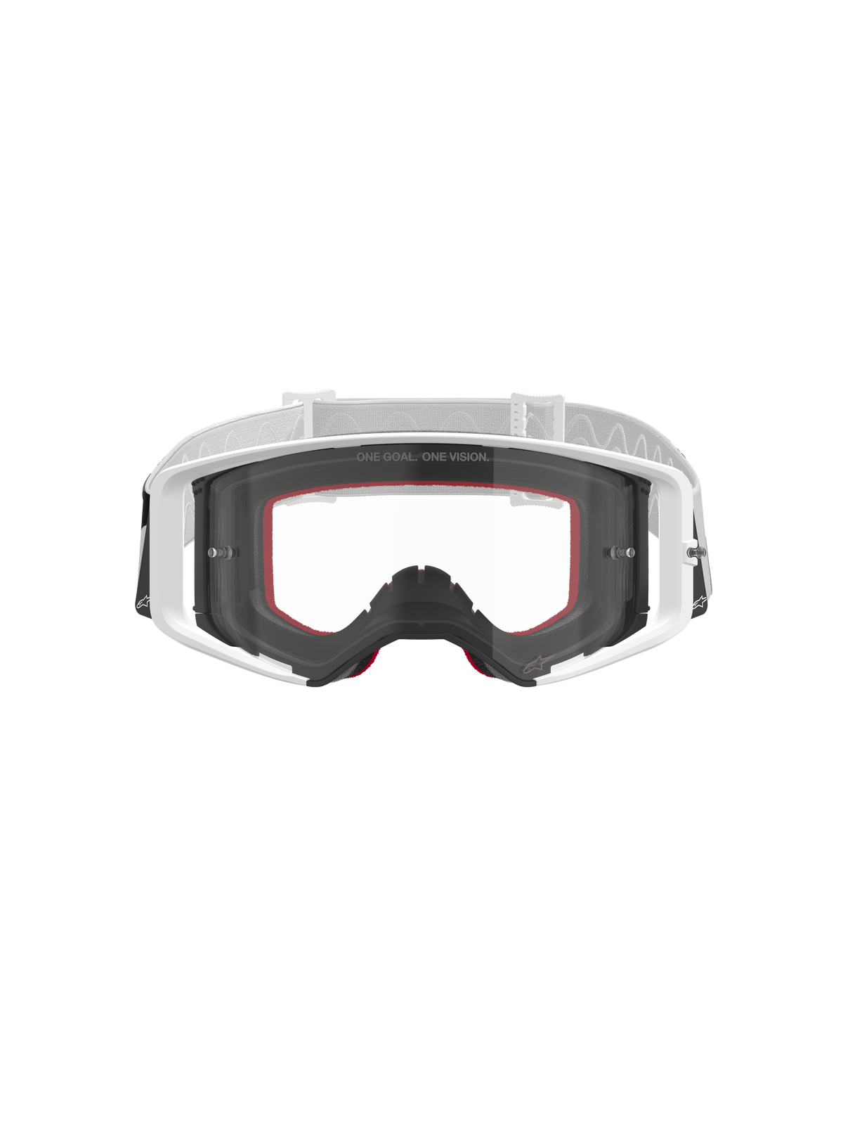 Alpinestars Supertech Corp Goggles, motocrossglasögon, vit med klar lins, vit och ljusgrå justerbar rem, med texten 'ONE GOAL. ONE VISION.' på linsen, röda detaljer på ansiktsskummet, högpresterande skyddsutrustning för terrängkörning